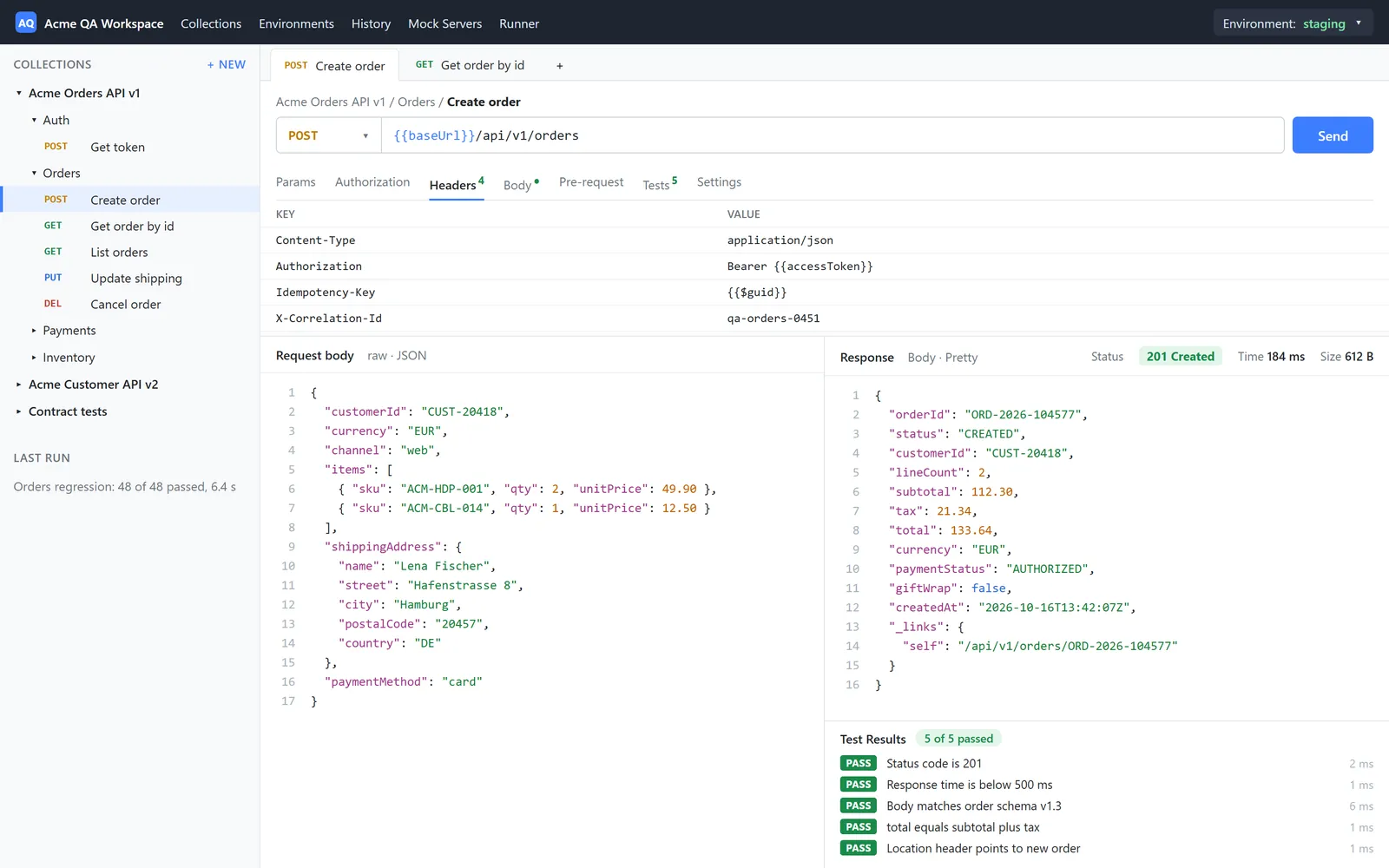 API test workspace with request, response and passed test results