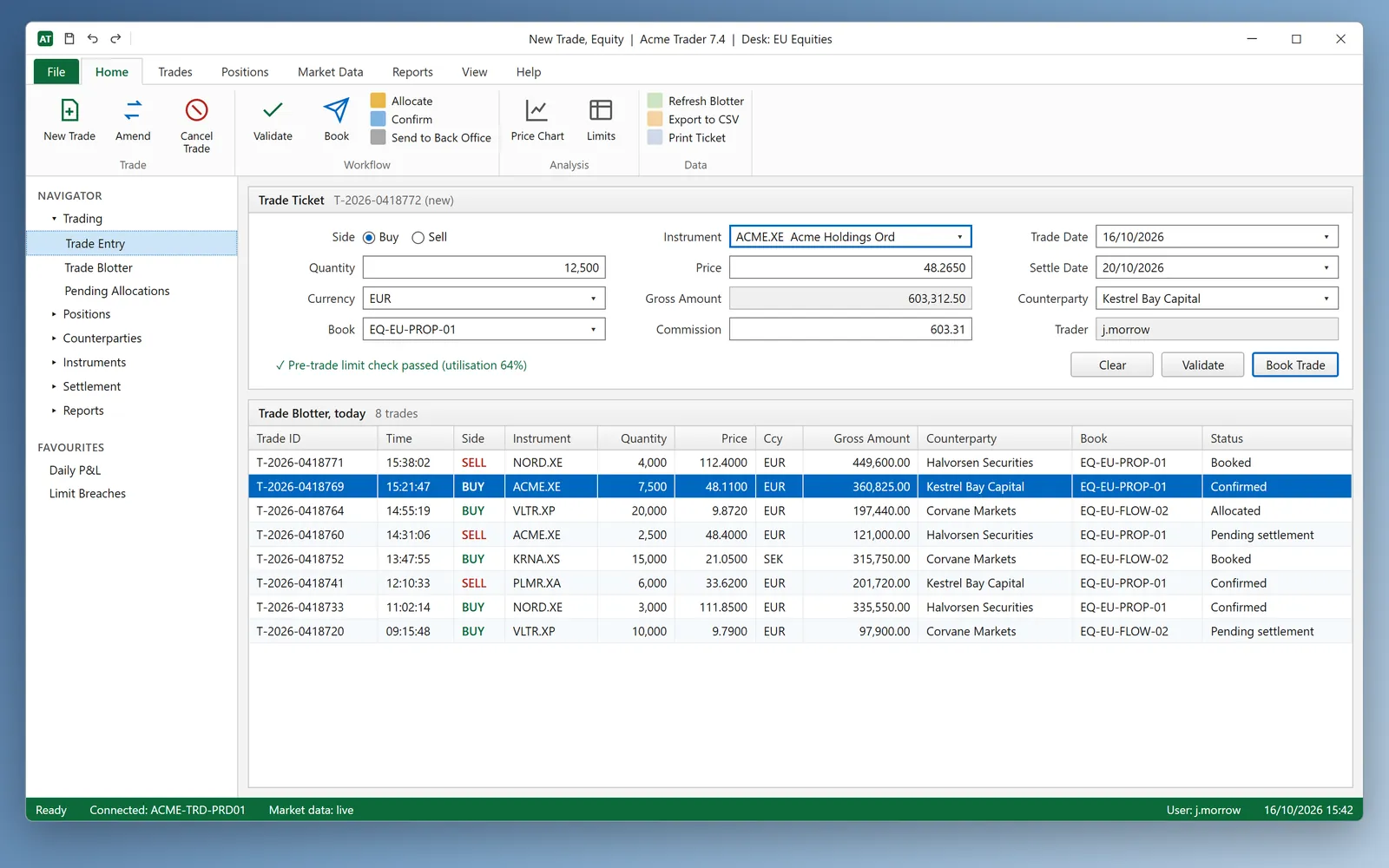 Windows trading desktop application with trade ticket and blotter