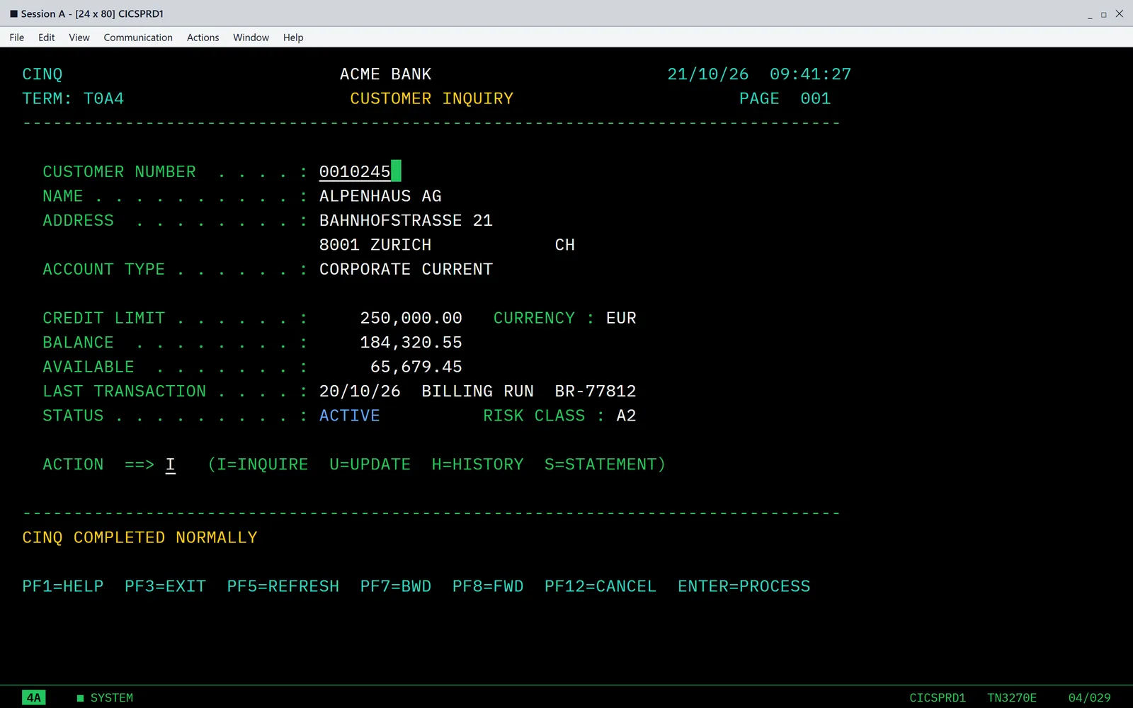 Mainframe CICS customer inquiry screen