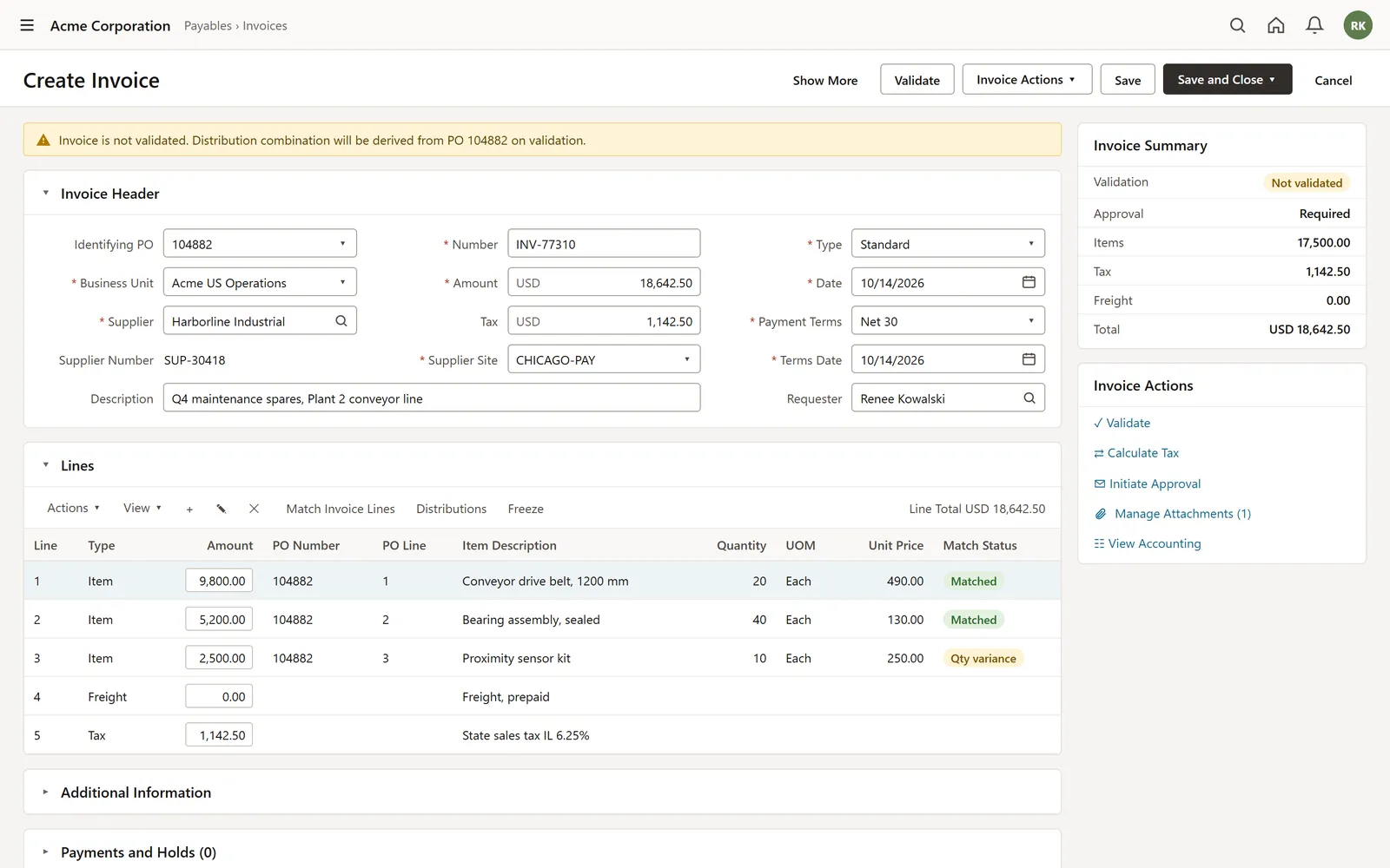 ERP payables screen creating an invoice matched to purchase order lines