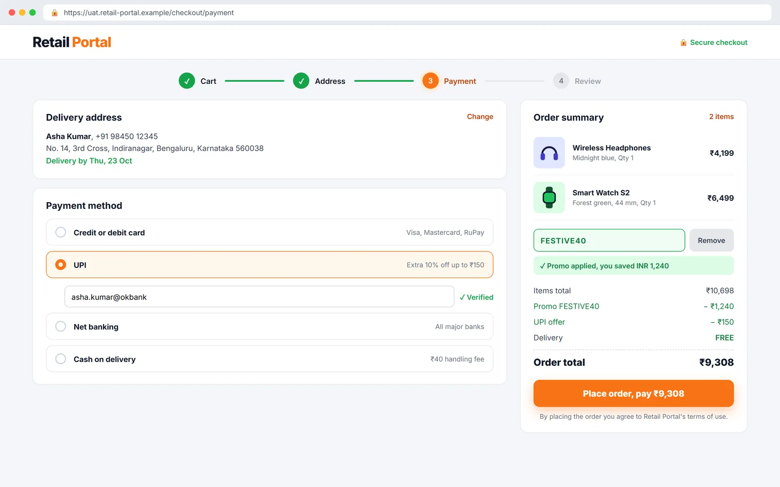 Retail web checkout with payment methods and order summary