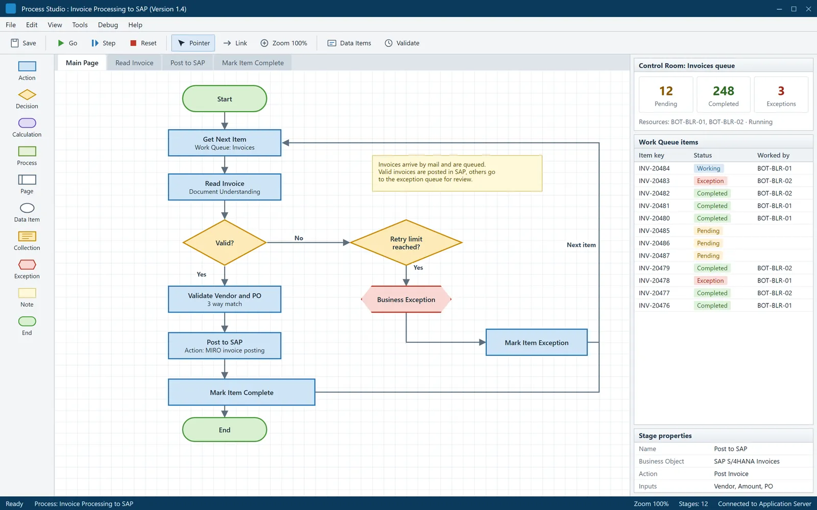 Blue Prism process studio: invoice processing to SAP with a work queue