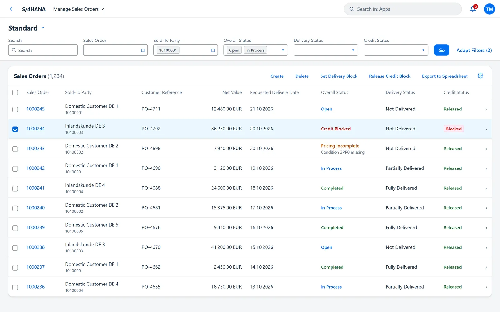 SAP manage sales orders list