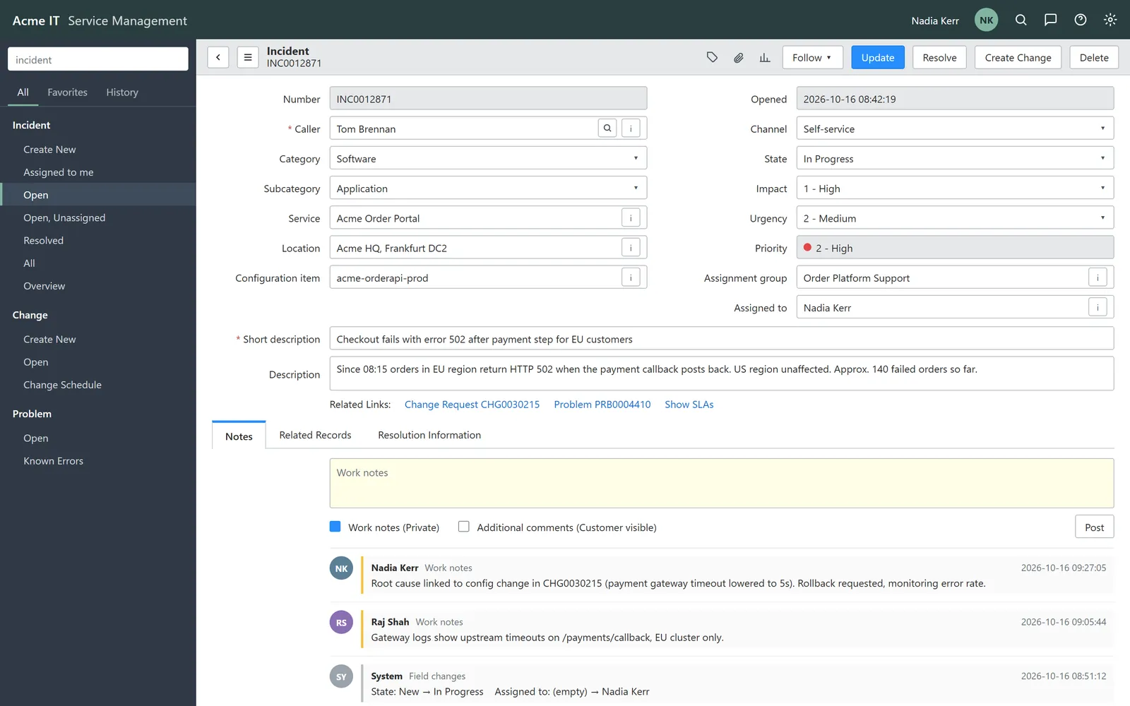 IT service management incident record with linked change request and work notes