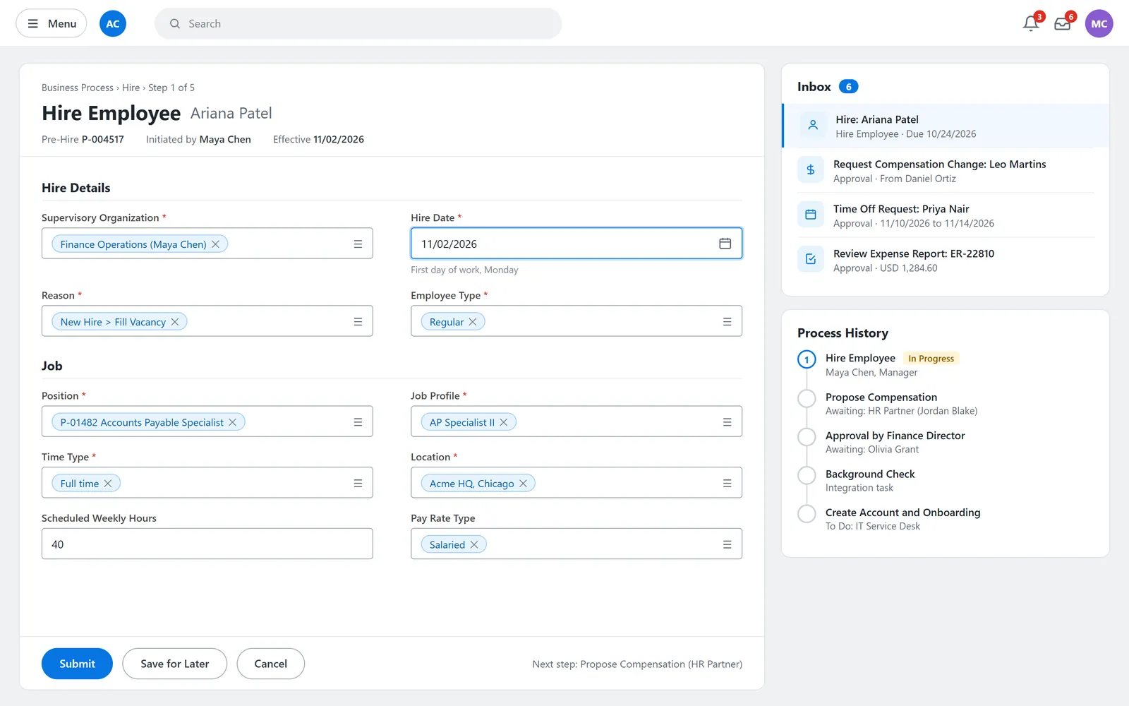 HR hire employee business process with inbox and process history